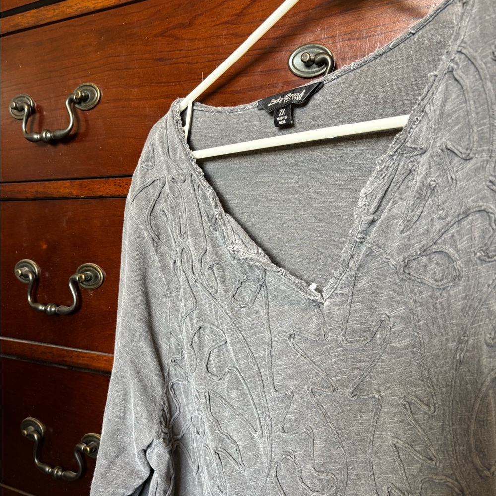 Gray V-Neck Textured Long Sleeve Top